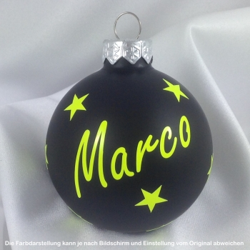 personalisierte Weihnachtskugel aus Glas - schwarz matt - Schrift neon gelb - 6 cm